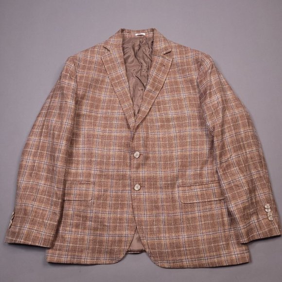 Joseph Abboud E.Thomas Wool Silk Linen Blend Plaid Blazer 2 Button 44S - Picture 1 of 13